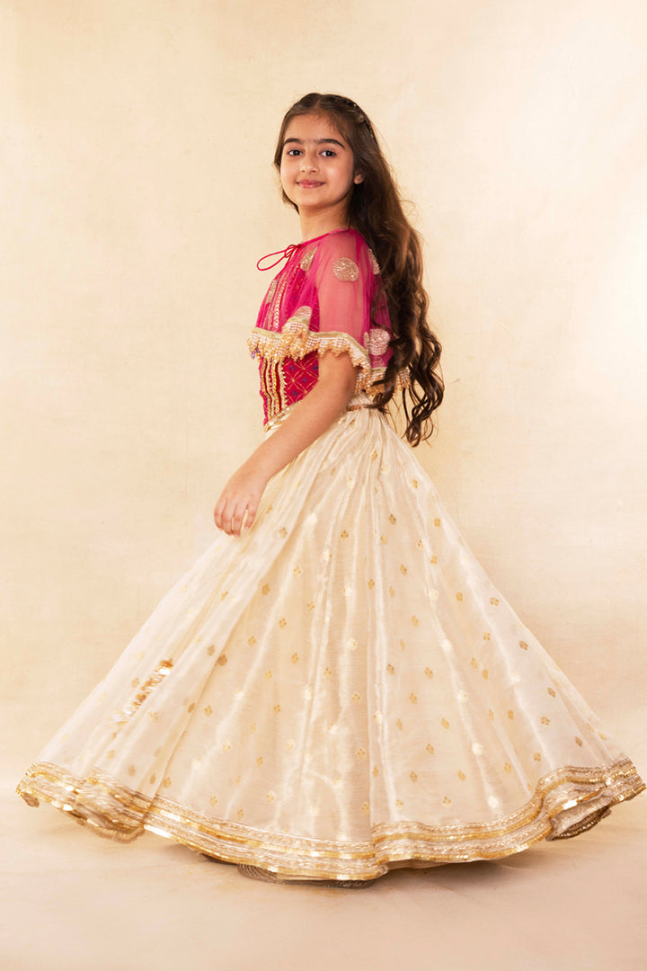 Fuchsia Corset Blouse With Embellished Cape and Gold Tissue Lehenga Set