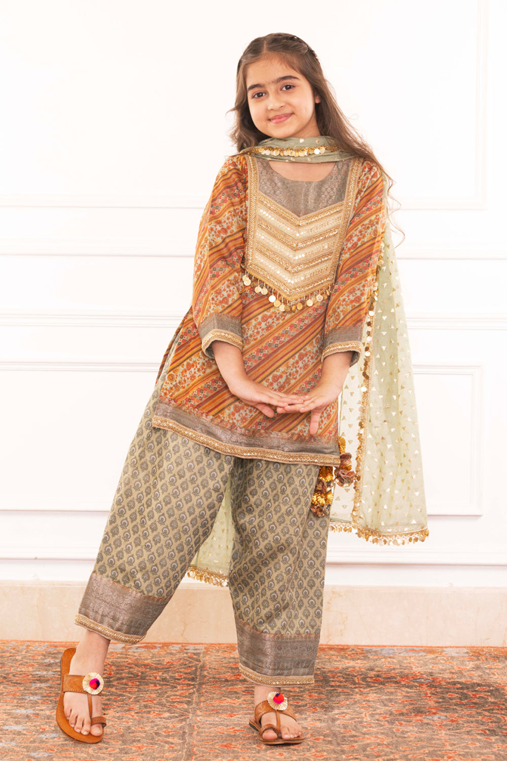 Royal Heritage Printed Kurta & Sage Green Salwar Set