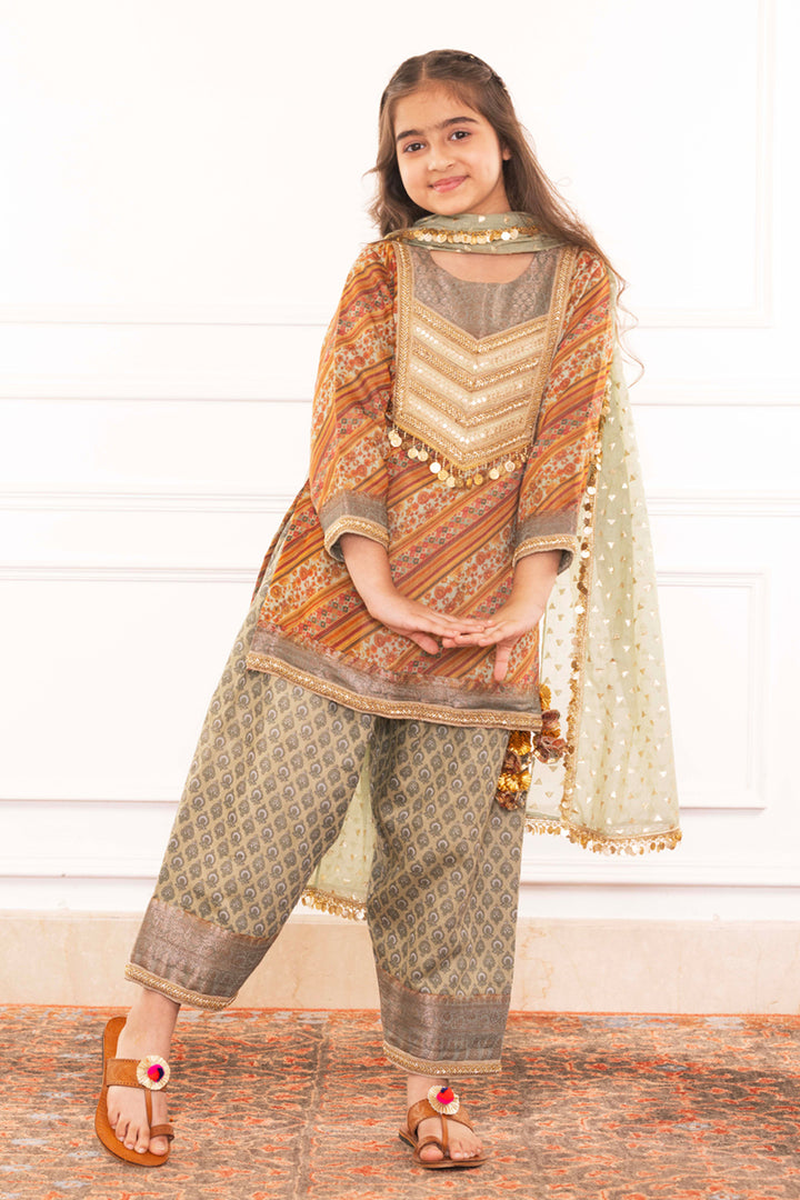 Royal Heritage Printed Kurta & Sage Green Salwar Set