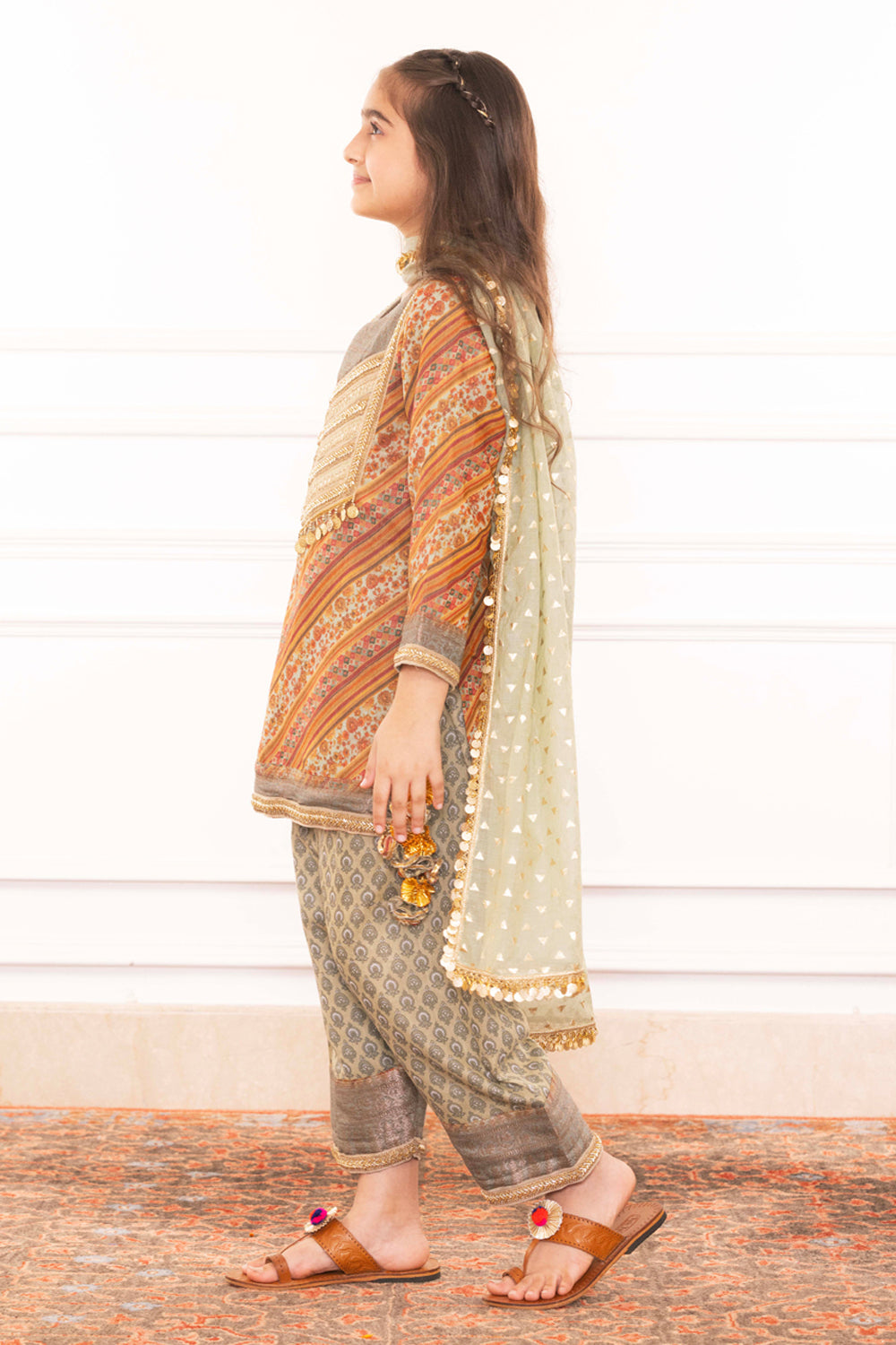 Royal Heritage Printed Kurta & Sage Green Salwar Set