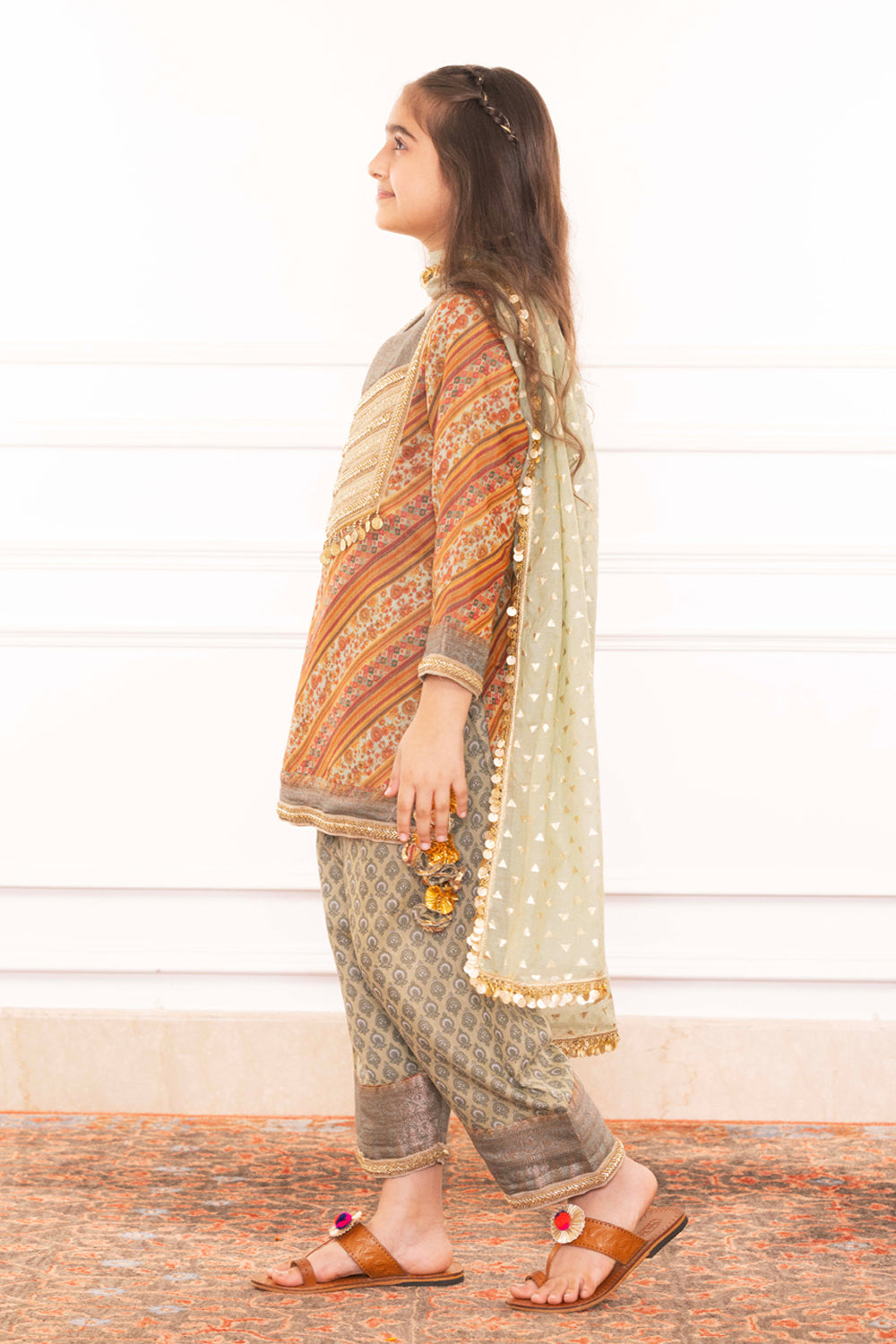 Royal Heritage Printed Kurta & Sage Green Salwar Set