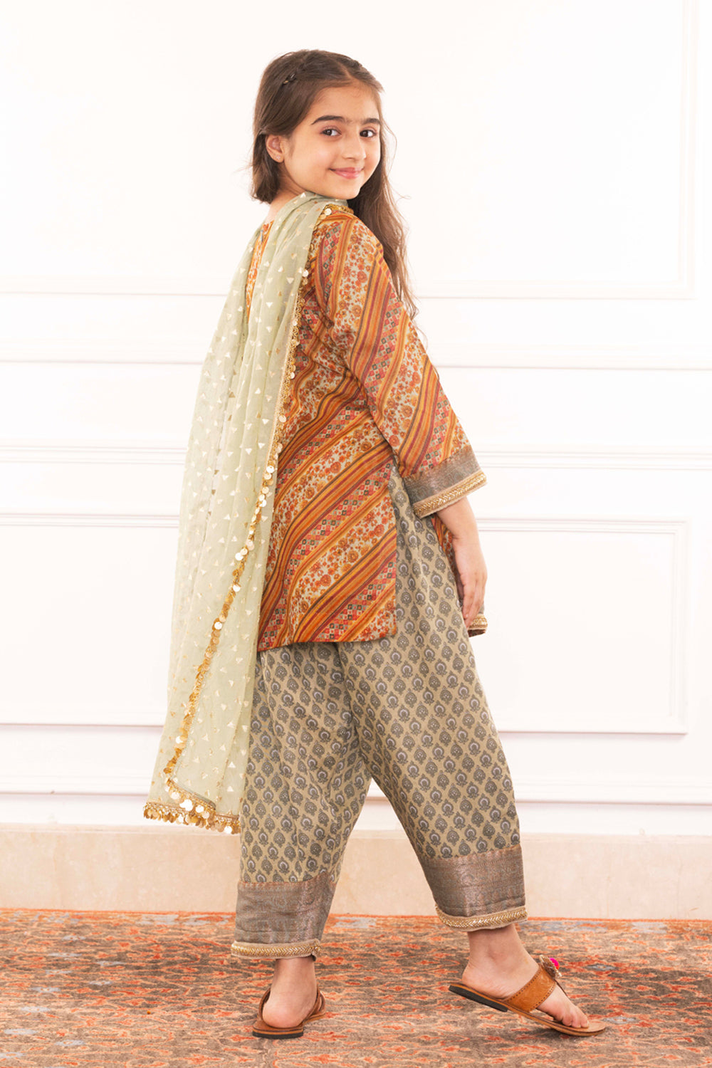 Royal Heritage Printed Kurta & Sage Green Salwar Set