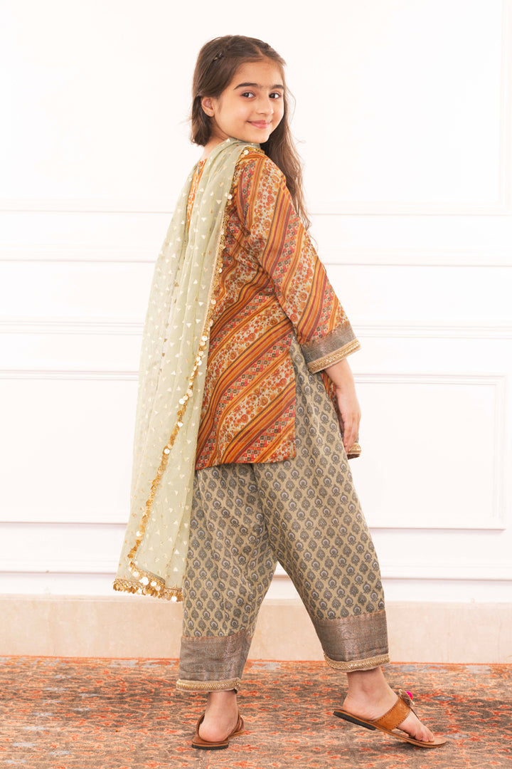 Royal Heritage Printed Kurta & Sage Green Salwar Set