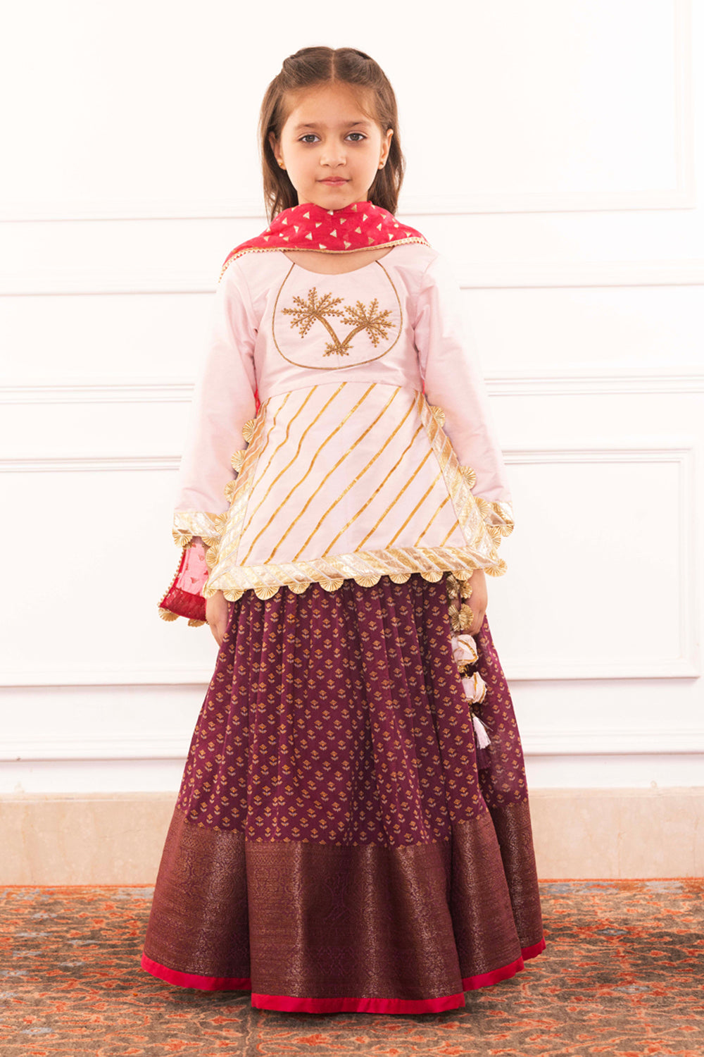 Blush Pink Embellished Blouse With Royal Plum Lehenga Set