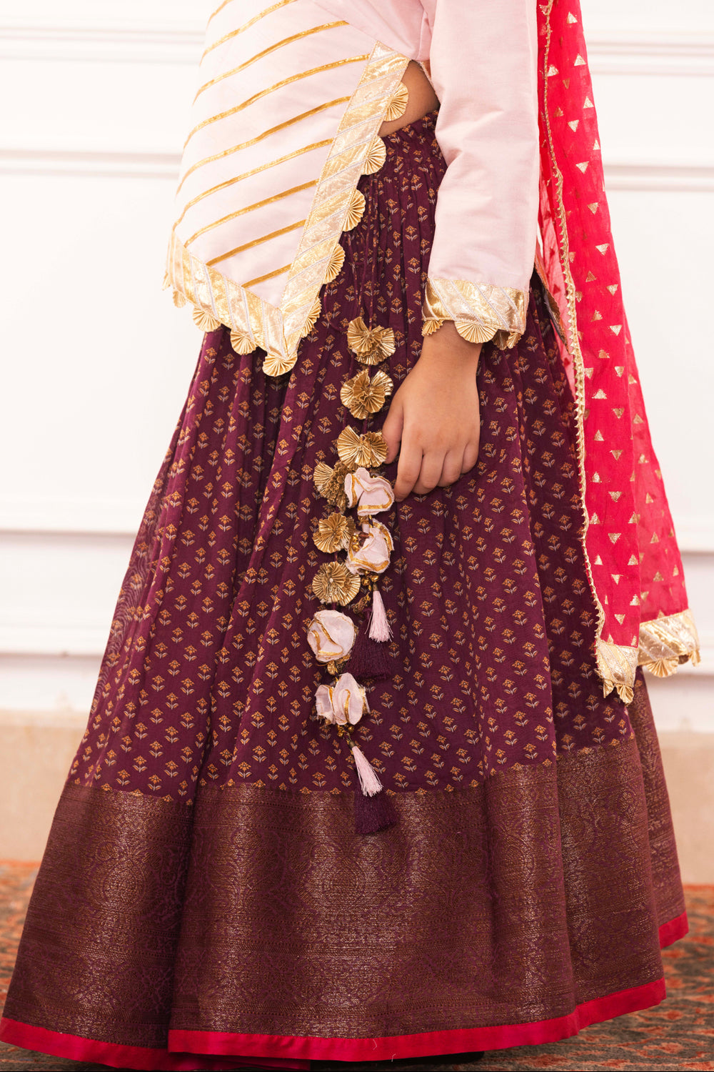 Blush Pink Embellished Blouse With Royal Plum Lehenga Set