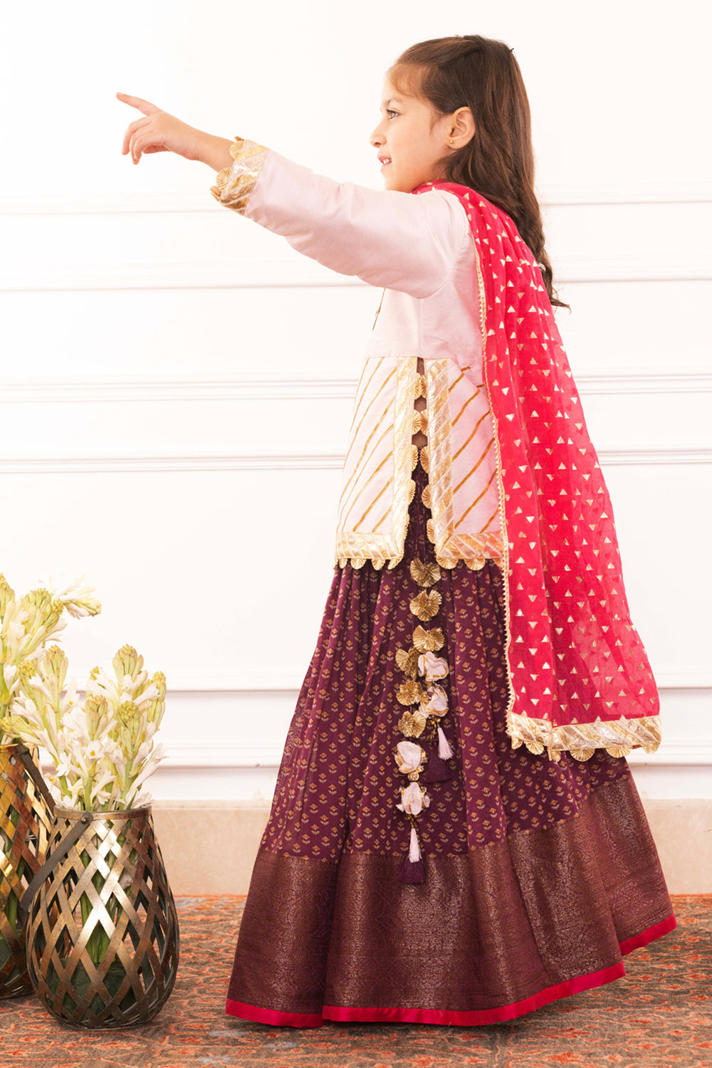 Blush Pink Embellished Blouse With Royal Plum Lehenga Set