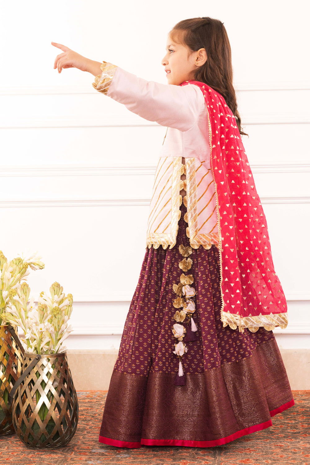Blush Pink Embellished Blouse With Royal Plum Lehenga Set