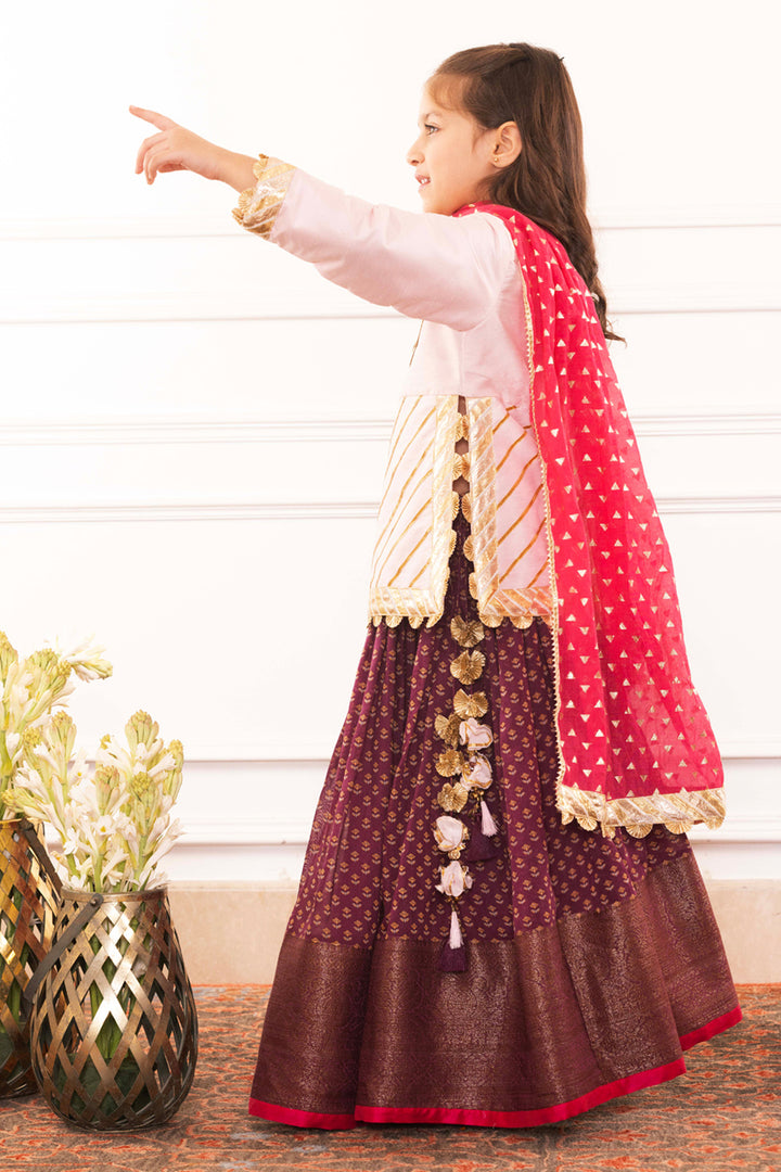 Blush Pink Embellished Blouse With Royal Plum Lehenga Set