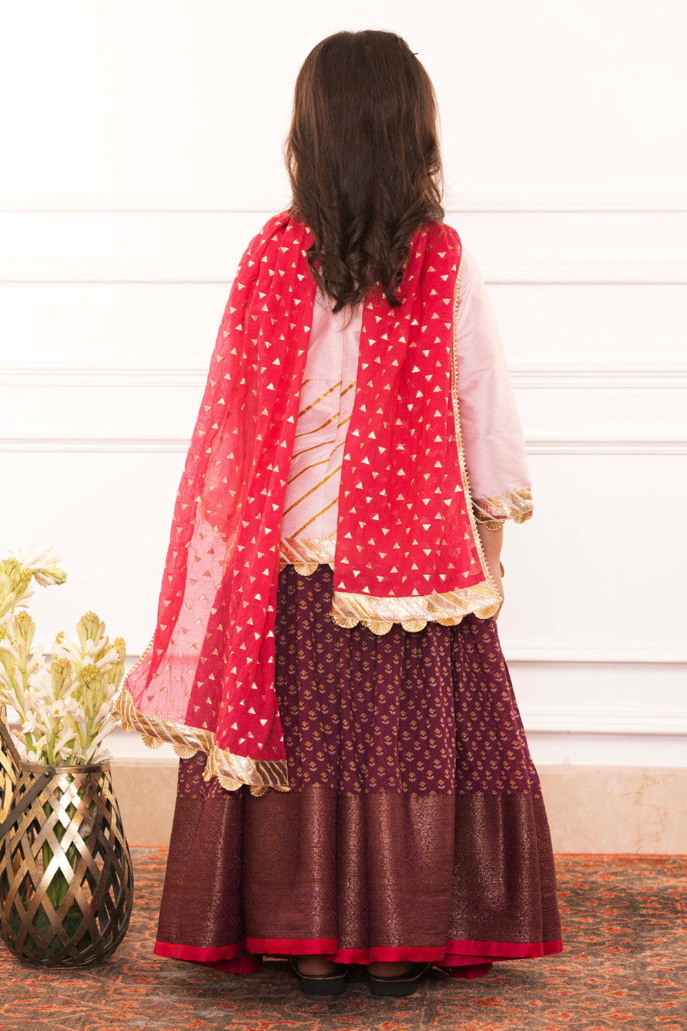 Blush Pink Embellished Blouse With Royal Plum Lehenga Set