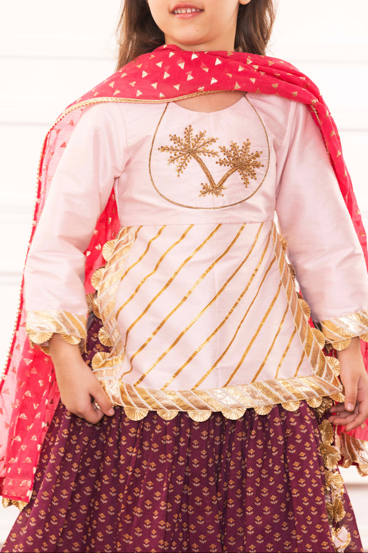 Blush Pink Embellished Blouse With Royal Plum Lehenga Set