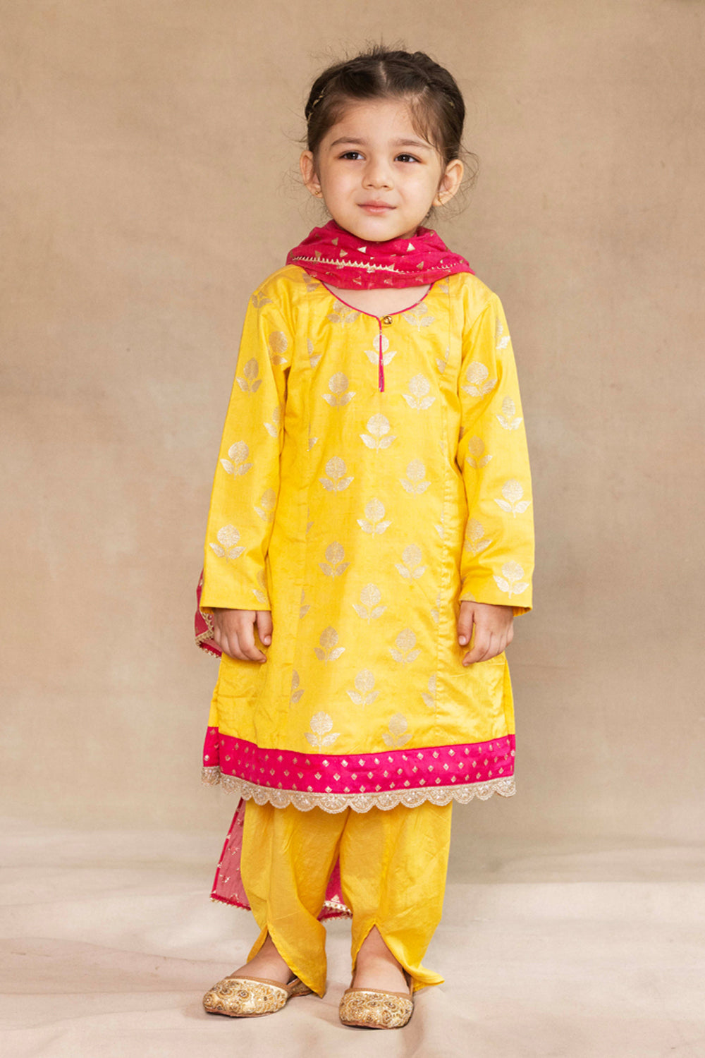 Yellow Banarasi Bootie Kurta With Yellow Tulip Pants and Dupatta Set