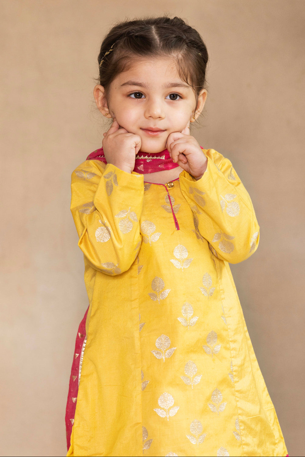 Yellow Banarasi Bootie Kurta With Yellow Tulip Pants and Dupatta Set