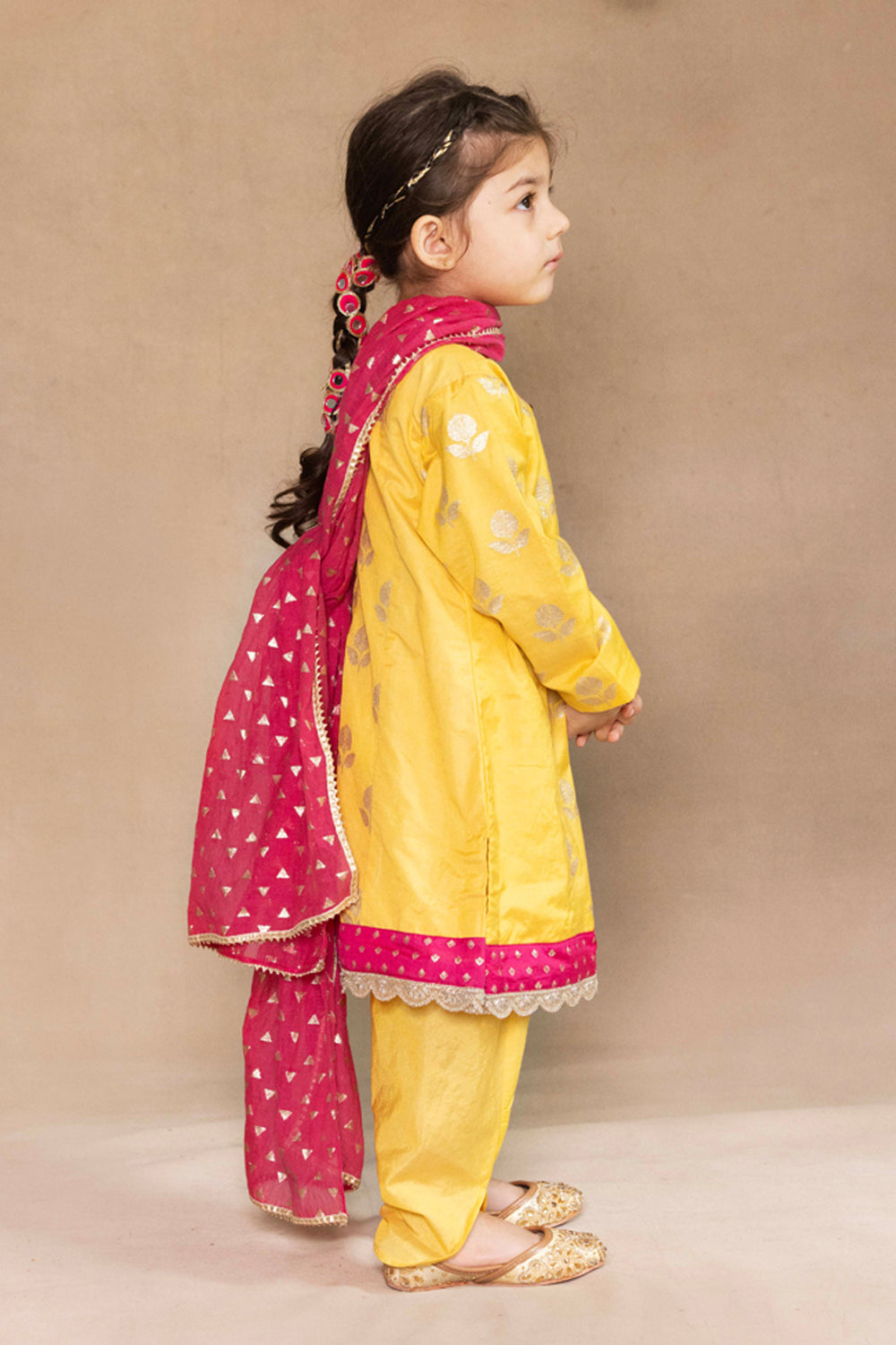 Yellow Banarasi Bootie Kurta With Yellow Tulip Pants and Dupatta Set