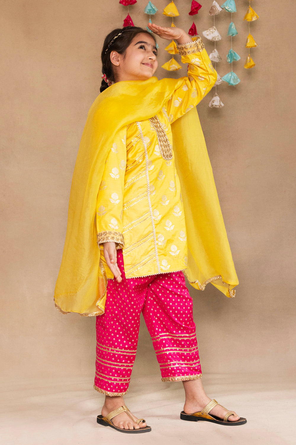 Yellow Tulip Bootie Panelled Kurta With Fuchsia Salwar Set