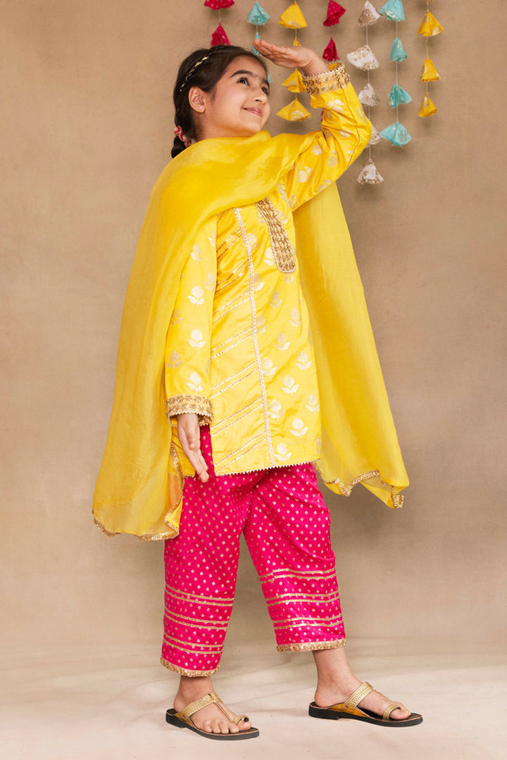 Yellow Tulip Bootie Panelled Kurta With Fuchsia Salwar Set