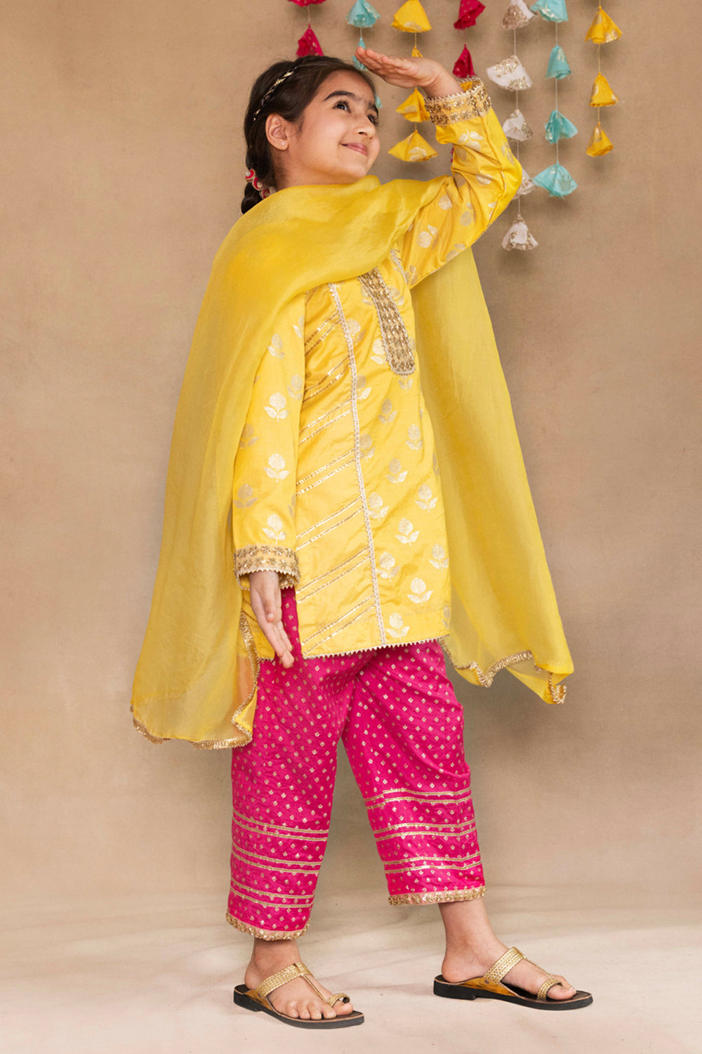 Yellow Tulip Bootie Panelled Kurta With Fuchsia Salwar Set