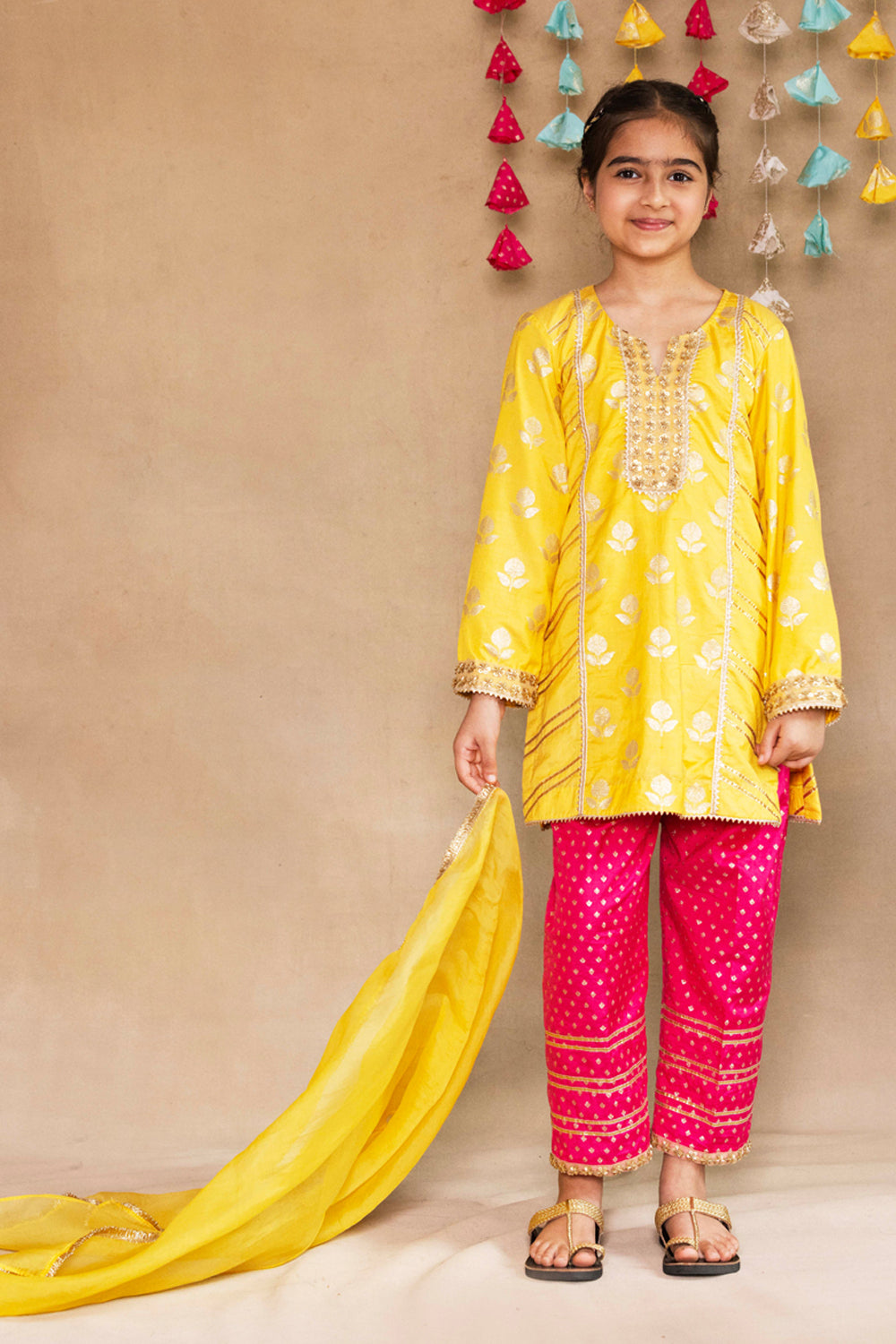 Yellow Tulip Bootie Panelled Kurta With Fuchsia Salwar Set