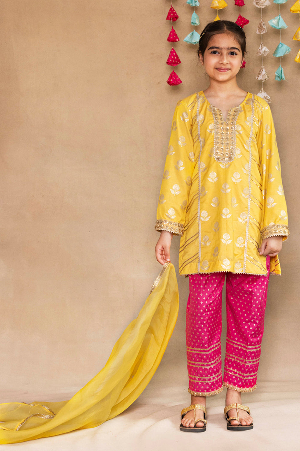 Yellow Tulip Bootie Panelled Kurta With Fuchsia Salwar Set