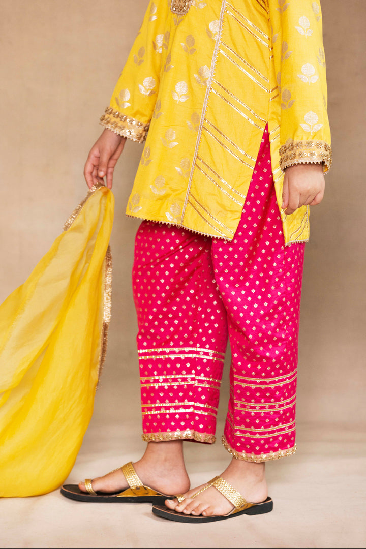 Yellow Tulip Bootie Panelled Kurta With Fuchsia Salwar Set