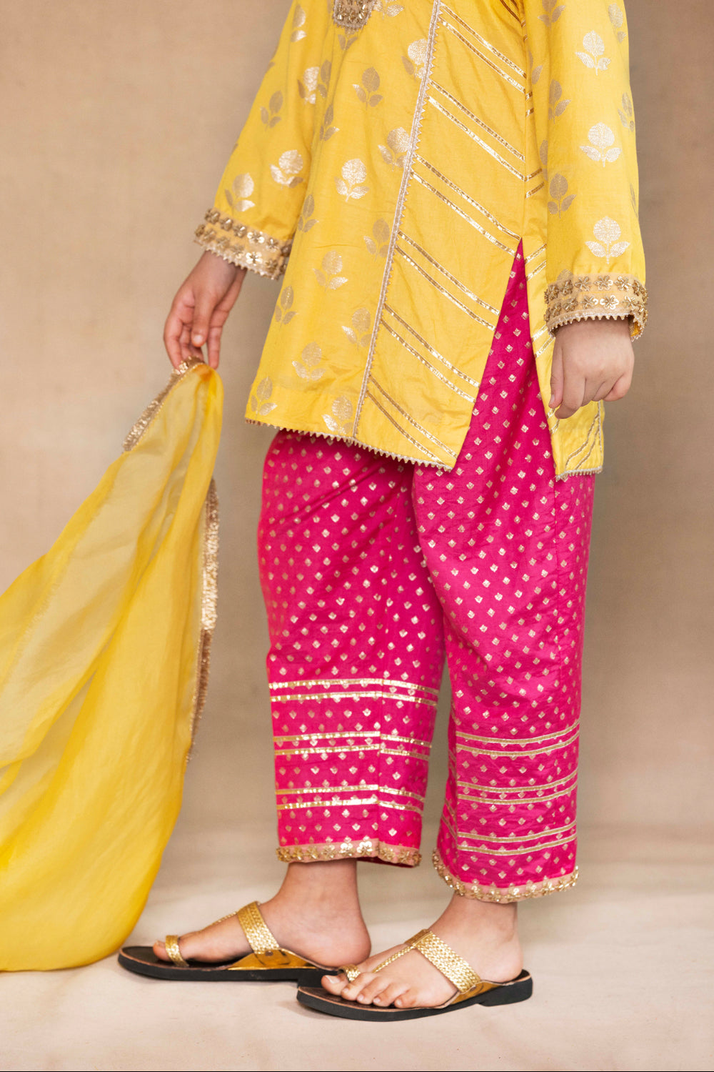 Yellow Tulip Bootie Panelled Kurta With Fuchsia Salwar Set