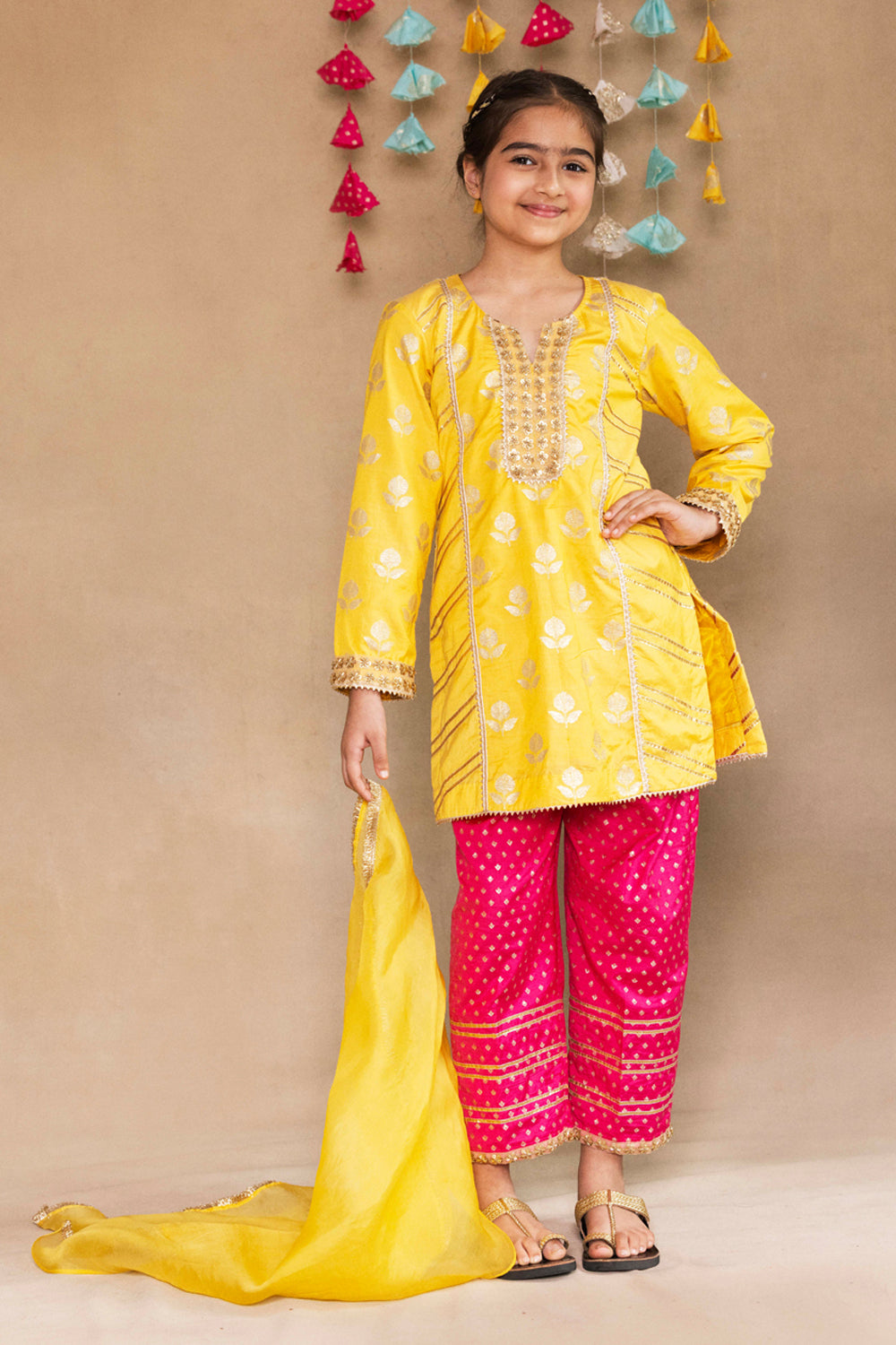 Yellow Tulip Bootie Panelled Kurta With Fuchsia Salwar Set