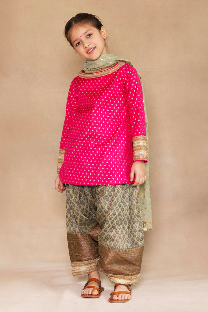 Fuchsia Small Tulip Bootie Kurta With Sage Green Patiala Salwar Set