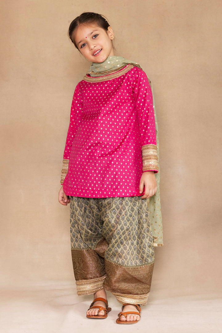 Fuchsia Small Tulip Bootie Kurta With Sage Green Patiala Salwar Set