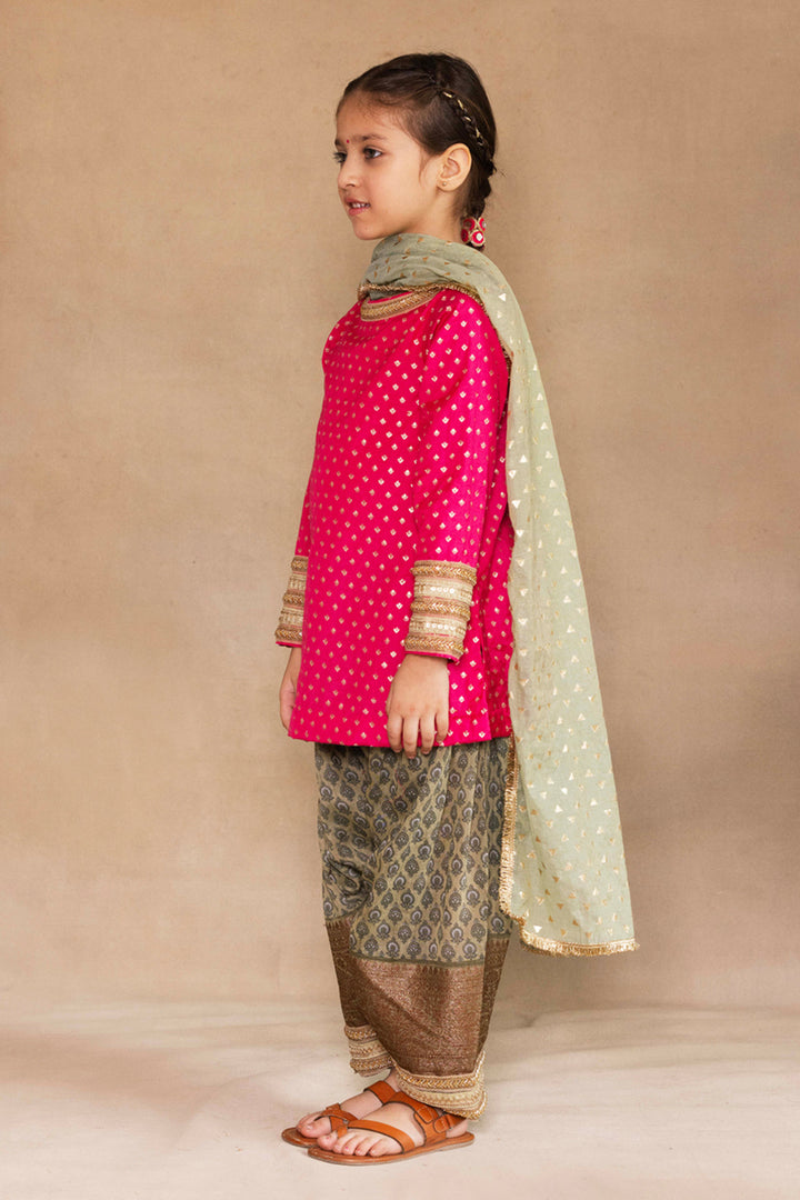 Fuchsia Small Tulip Bootie Kurta With Sage Green Patiala Salwar Set
