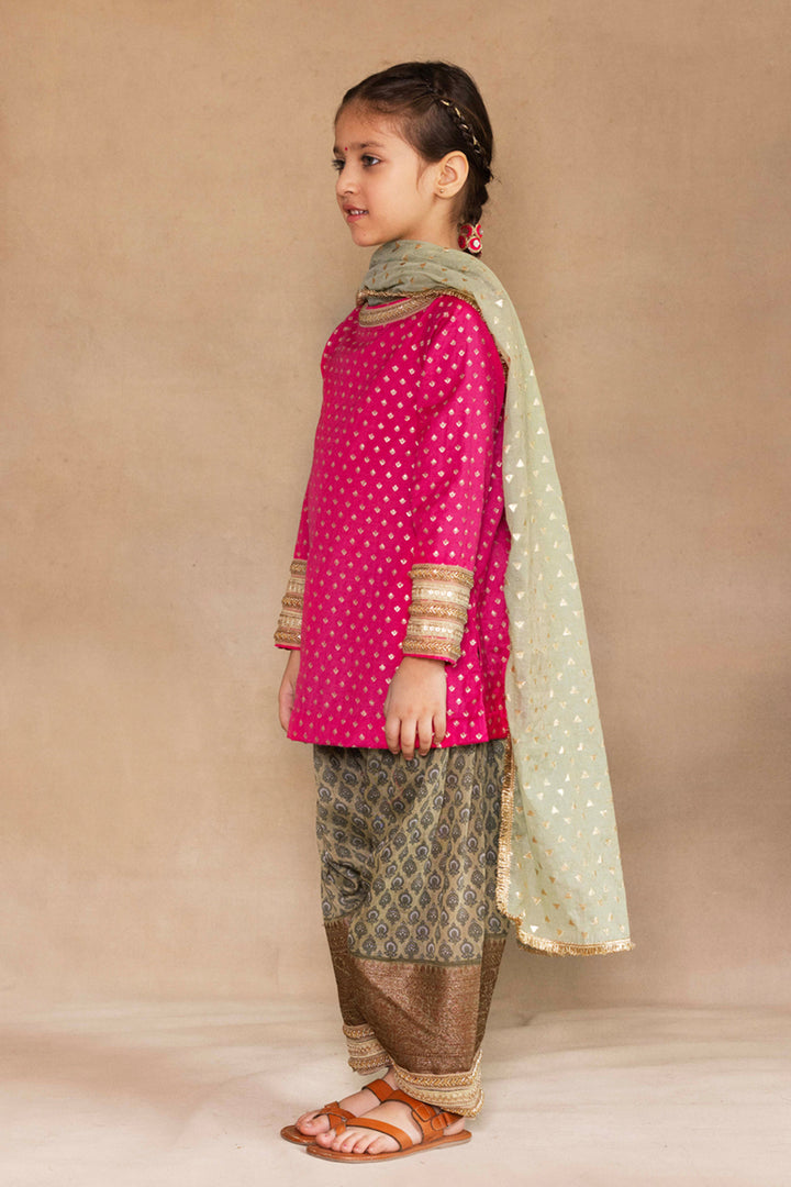 Fuchsia Small Tulip Bootie Kurta With Sage Green Patiala Salwar Set