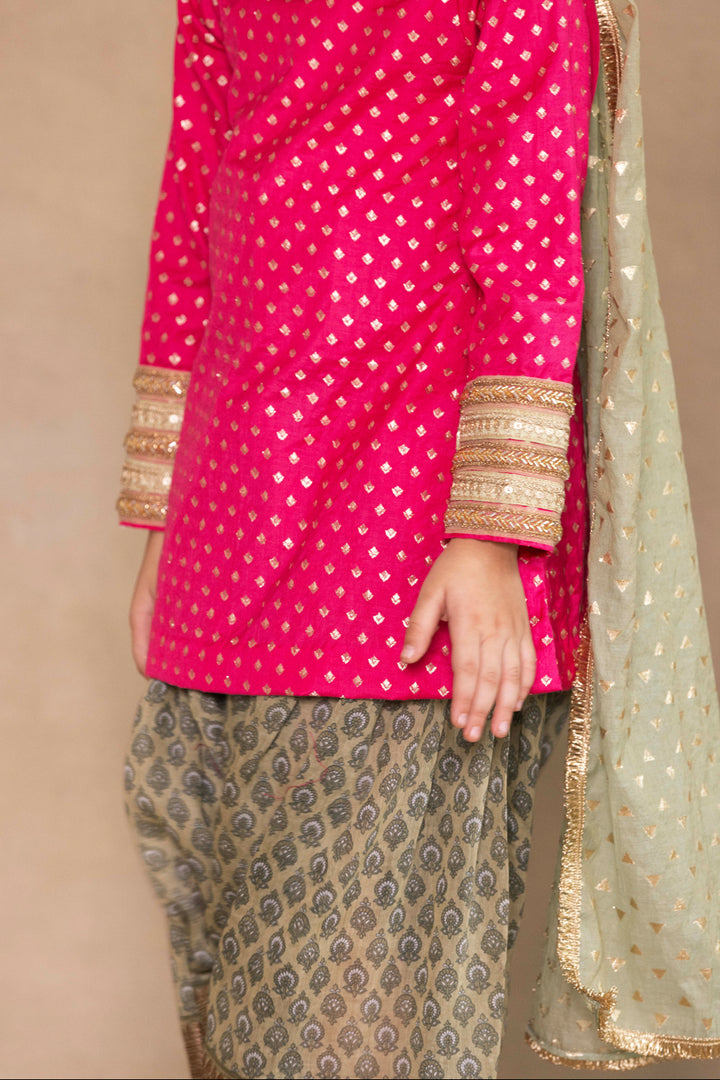 Fuchsia Small Tulip Bootie Kurta With Sage Green Patiala Salwar Set