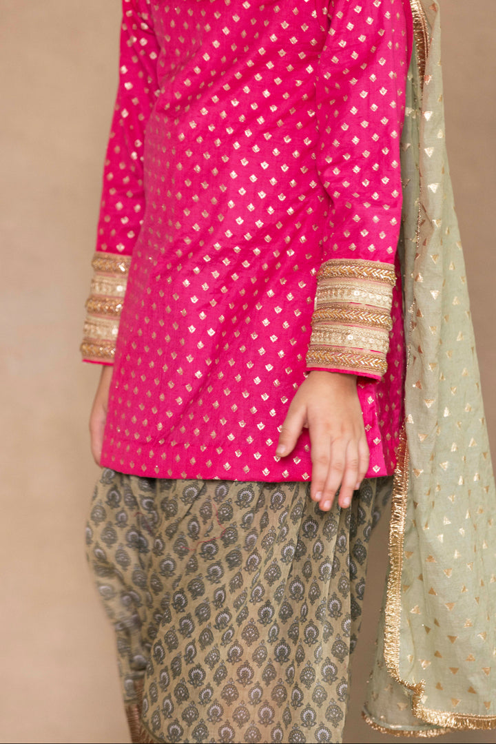 Fuchsia Small Tulip Bootie Kurta With Sage Green Patiala Salwar Set