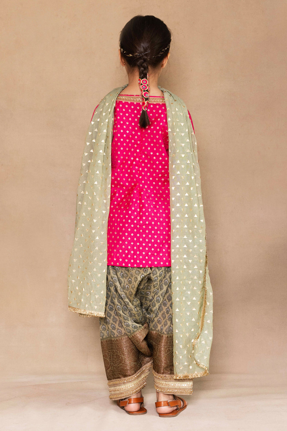 Fuchsia Small Tulip Bootie Kurta With Sage Green Patiala Salwar Set