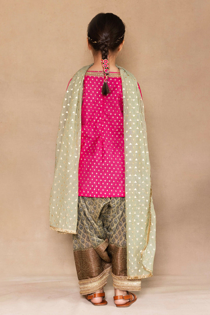 Fuchsia Small Tulip Bootie Kurta With Sage Green Patiala Salwar Set