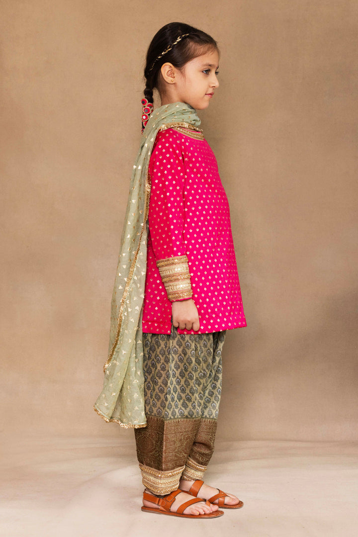 Fuchsia Small Tulip Bootie Kurta With Sage Green Patiala Salwar Set