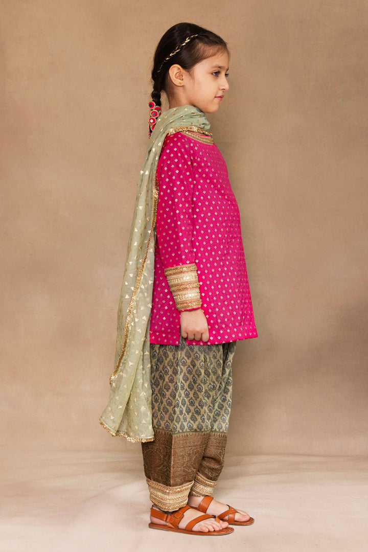 Fuchsia Small Tulip Bootie Kurta With Sage Green Patiala Salwar Set