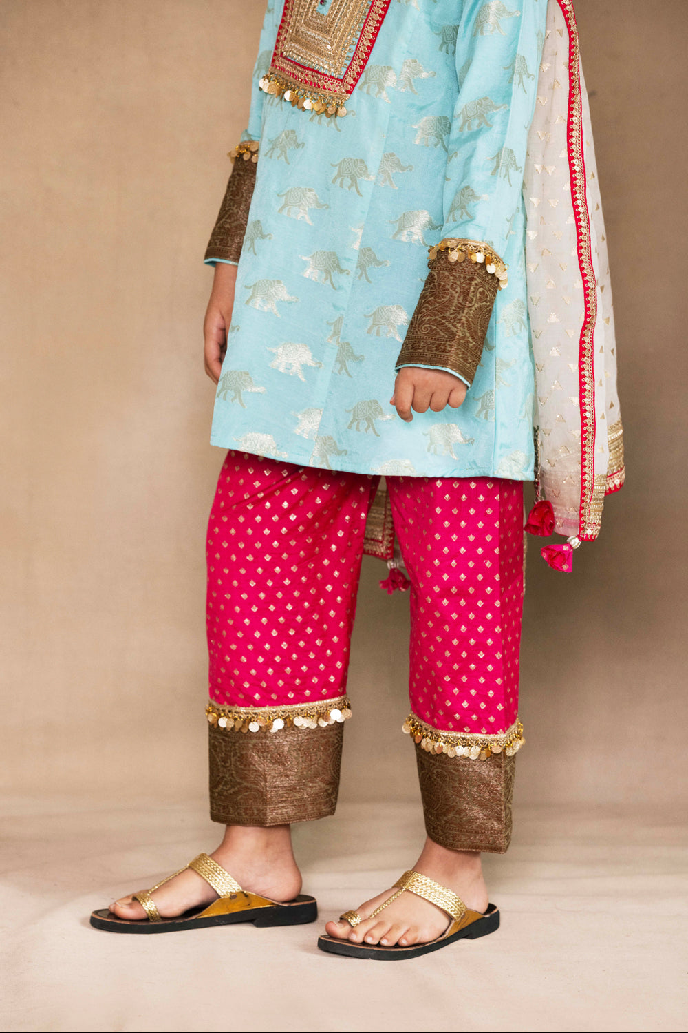 Firozi Kurta With Fuchsia Salwar & Ivory Dupatta Set