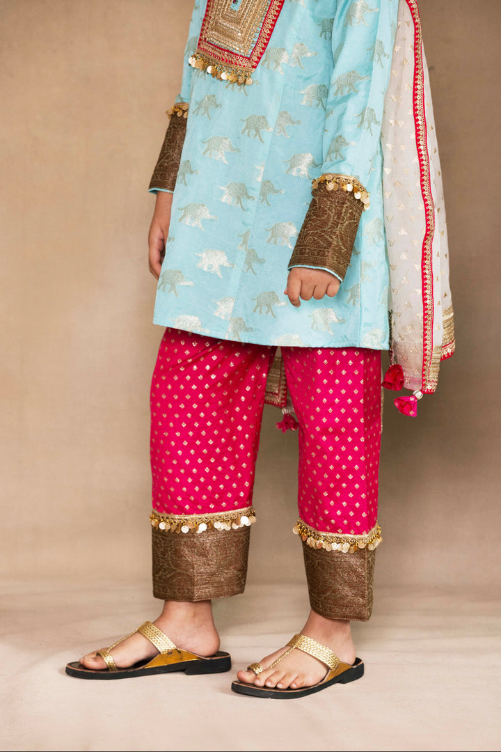 Firozi Kurta With Fuchsia Salwar & Ivory Dupatta Set