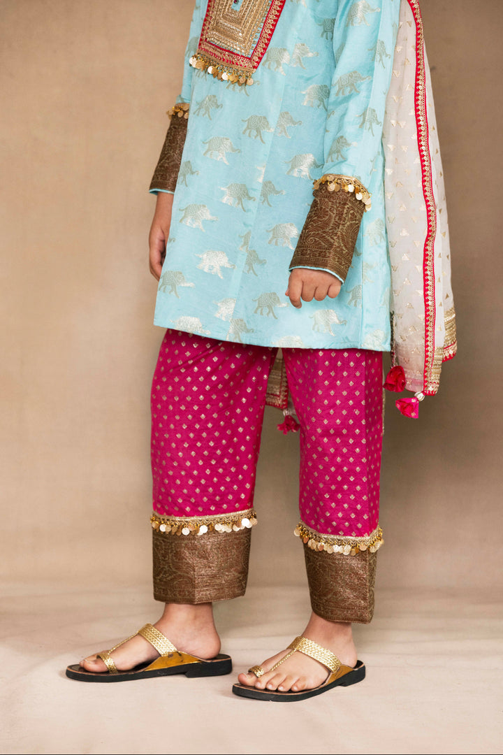Firozi Kurta With Fuchsia Salwar & Ivory Dupatta Set