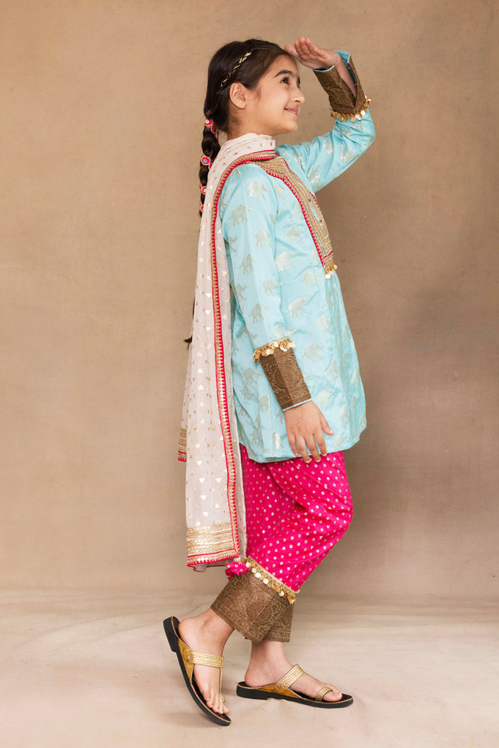 Firozi Kurta With Fuchsia Salwar & Ivory Dupatta Set