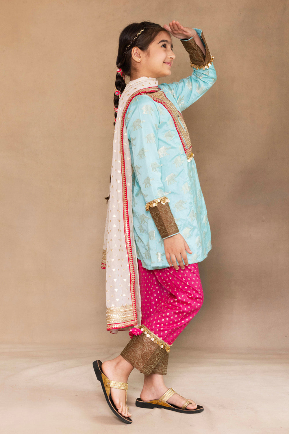 Firozi Kurta With Fuchsia Salwar & Ivory Dupatta Set