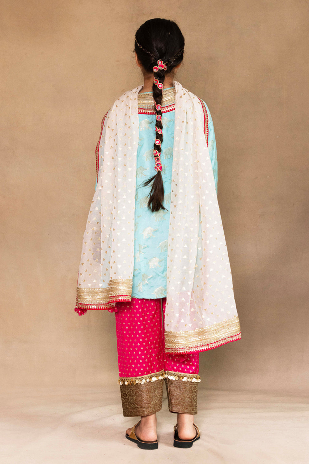 Firozi Kurta With Fuchsia Salwar & Ivory Dupatta Set