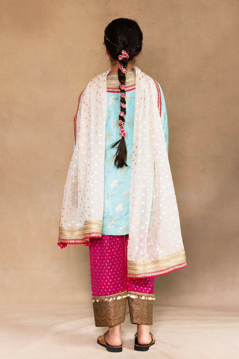 Firozi Kurta With Fuchsia Salwar & Ivory Dupatta Set