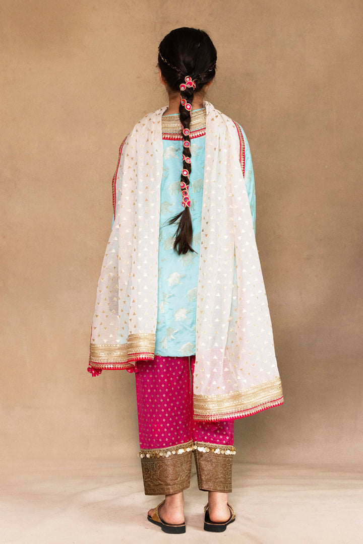Firozi Kurta With Fuchsia Salwar & Ivory Dupatta Set