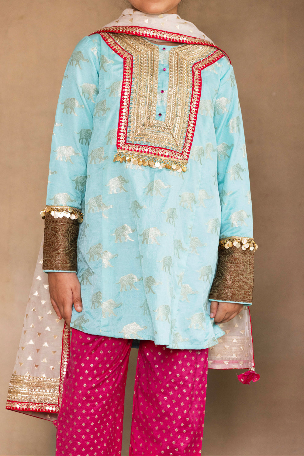 Firozi Kurta With Fuchsia Salwar & Ivory Dupatta Set
