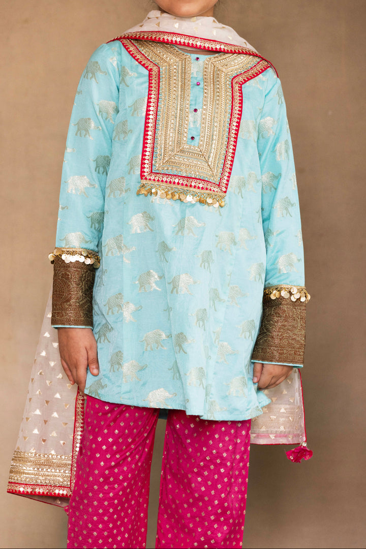 Firozi Kurta With Fuchsia Salwar & Ivory Dupatta Set