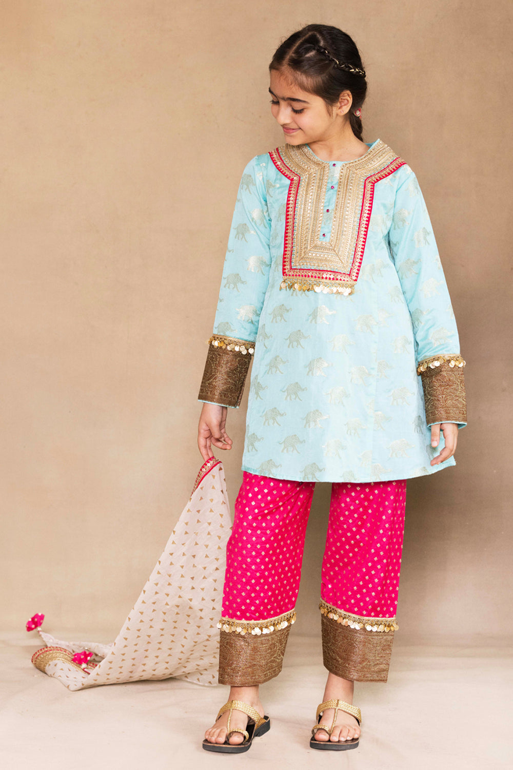 Firozi Kurta With Fuchsia Salwar & Ivory Dupatta Set