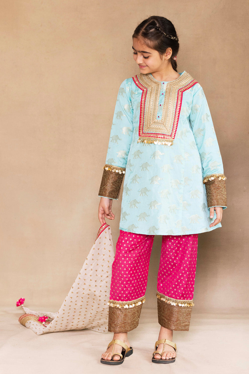 Firozi Kurta With Fuchsia Salwar & Ivory Dupatta Set