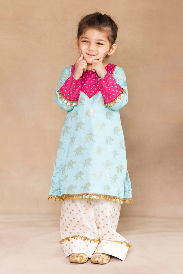 Firozi & Fuchsia Banarasi Kurta With Ivory Farshi Salwar Set