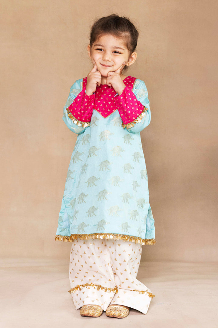 Firozi & Fuchsia Banarasi Kurta With Ivory Farshi Salwar Set