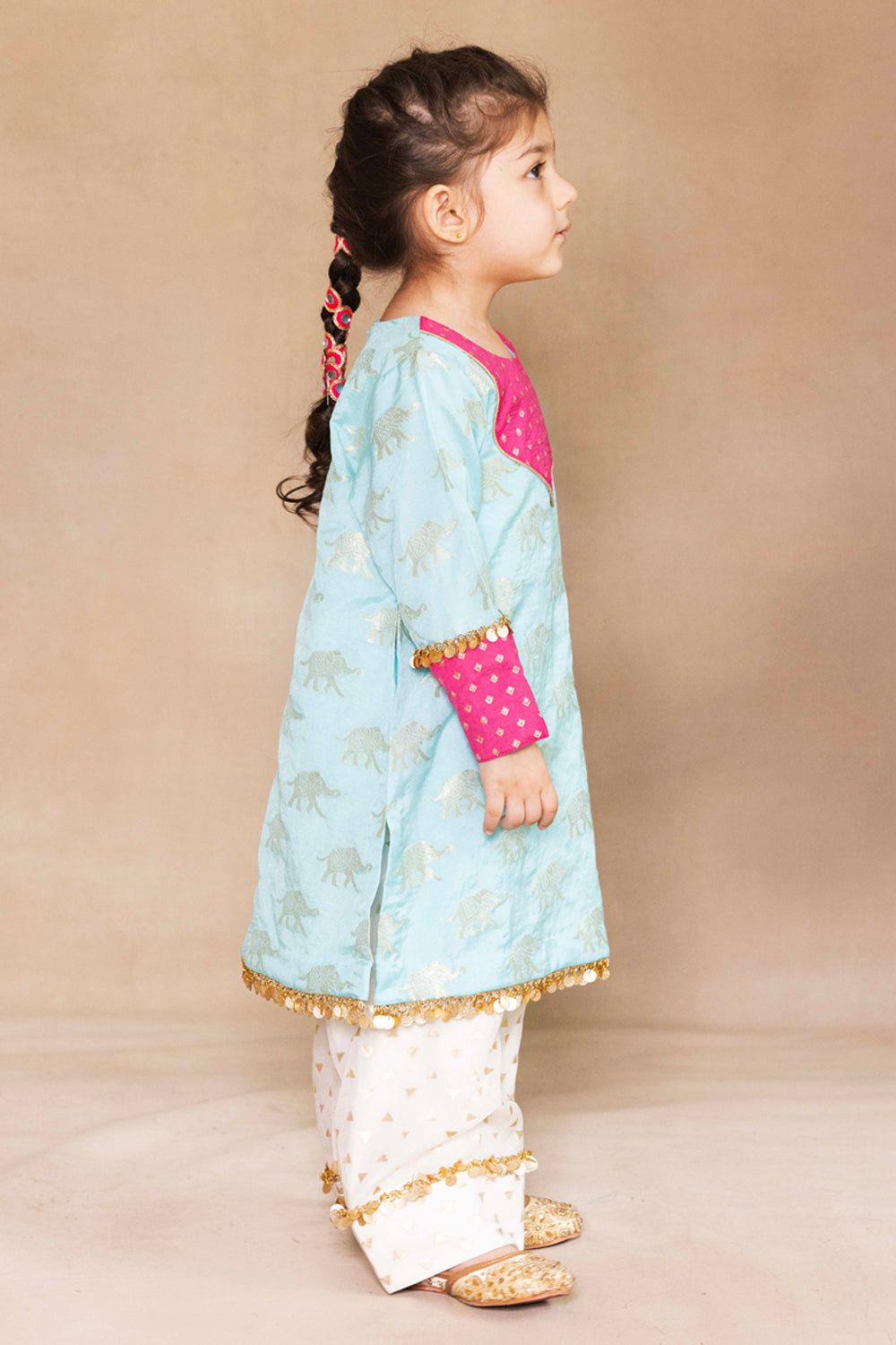 Firozi & Fuchsia Banarasi Kurta With Ivory Farshi Salwar Set